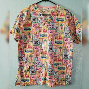 white swan scrubs top small bugs print multicolor